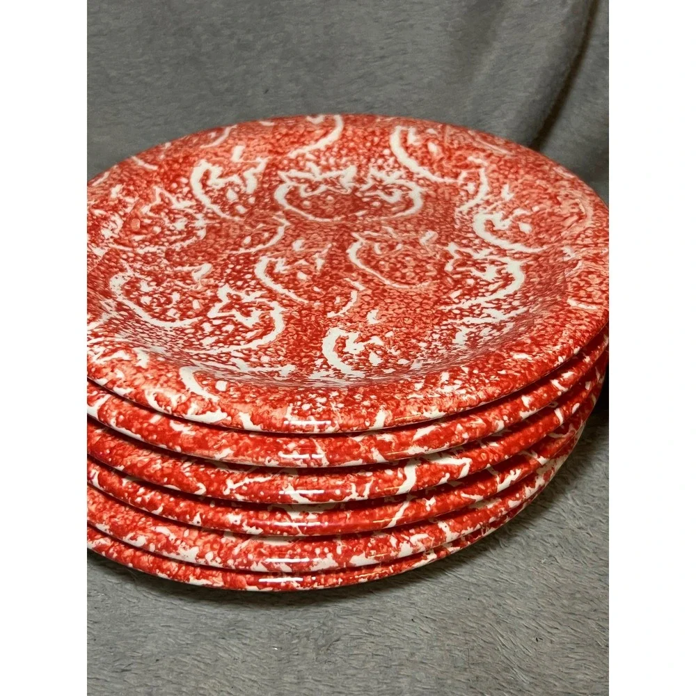 Batik Red Spongeware Salad Plates Set of 6 w/ Serving Bowl Italian Pottery 1992
